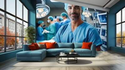 Cutting-Edge Healthcare A surgeon stands amidst the bustling activity of a modern operating room, embodying expertise and the promise of advanced medical technology. Wall mural