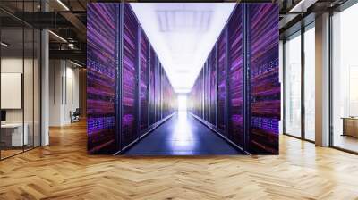 Digital journey through the technological wonderland exploring a long hallway of servers with purple lights Wall mural