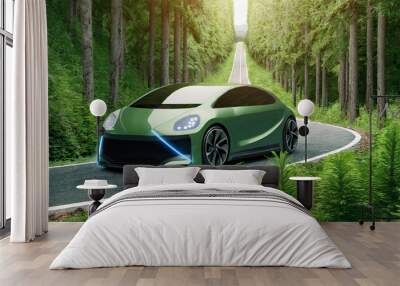 Electric car and EV electrical energy for environment, EV car on forest road; green environmentally friendly transport concept Wall mural