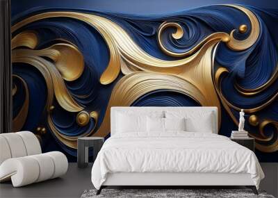 Elegant abstract gold and black swirls on a dark blue background with a black base for art, beauty, and fashion concept Wall mural