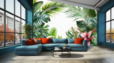 frame of palm leaves and tropical plants isolated over white Wall mural