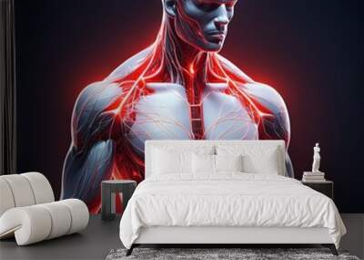 Medical illustration of human body with glowing red veins on black background for health and science concept Wall mural