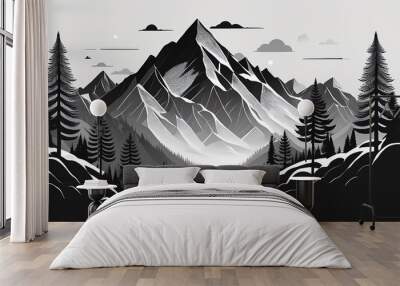 Mountain adventure scenic landscape with trees and majestic mountains in black and white illustration Wall mural