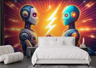 Robotic love connection two robots holding hands with lightning bolt on colorful background Wall mural