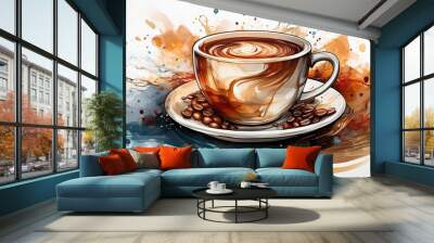 Stylish coffee cup with watercolor splash on white background for art and fashion designs Wall mural