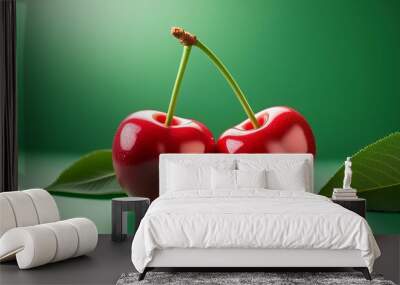 Two red cherries on vibrant green background with leafy accents for beauty and wellness concept Wall mural