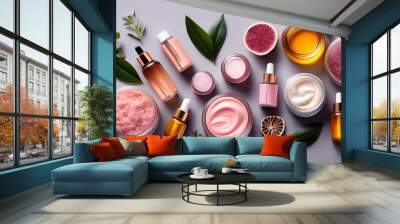 Vibrant and Engaging Flat Lay of Beauty Products with Detailed Ingredients Wall mural