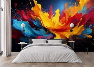 Vibrant colorful paint splashes on black background with blue, yellow, and red color scheme for artistic creation and design inspiration Wall mural