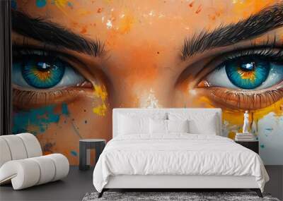 Abstract Colorful Eyes Painting   Blue Eyes With Yellow And Orange Wall mural