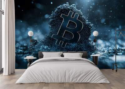 Bitcoin Symbol  D Render with Blue Sparkle Background Wall mural