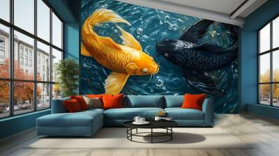 Black and Gold Koi Fish in Water with Bubbles Wall mural