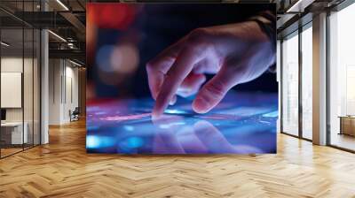 Close-up of a person's hand interacting with a smart device's touchscreen , Generative AI Wall mural