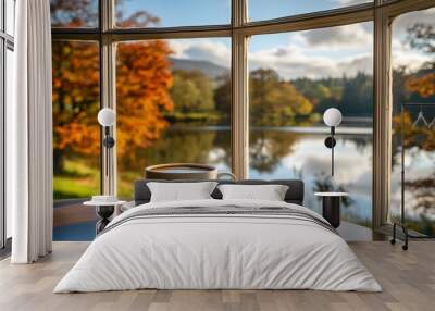 Coffee Cup by Window with Autumn Lake View Wall mural