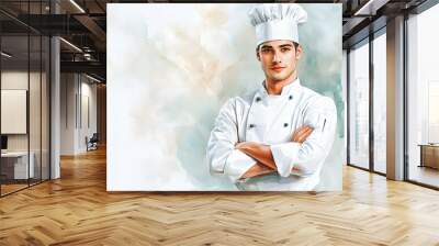 Confident Young Chef in White Uniform with Watercolor Background Wall mural