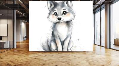 Cute Cartoon Wolf Puppy Watercolor Illustration Wall mural