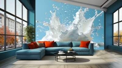 Fresh Milk Splash with Droplets on Blue Background Wall mural