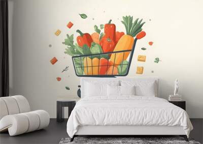 Full Shopping Cart of Fresh Vegetables and Fruit Wall mural