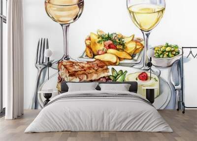 Gourmet Dinner with White Wine and Sides Wall mural