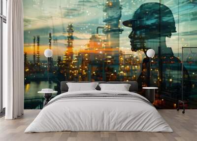 Industrial worker silhouette against city lights. Wall mural