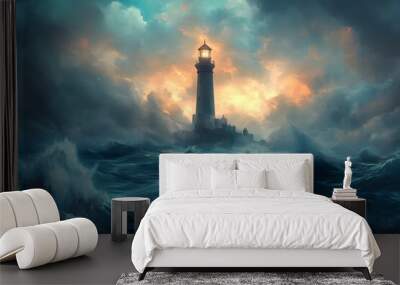 Lighthouse in Stormy Sea with Dramatic Clouds Wall mural