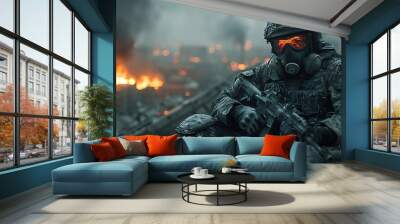 Soldier in Gas Mask and Combat Gear. Wall mural