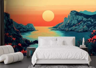 Sunset Over Ocean Bay with Cliffside Wall mural