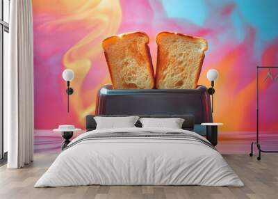 Toasted Bread in a Toaster with a Colorful Background. Wall mural