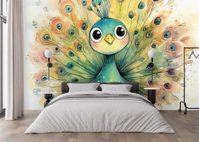 Watercolor Illustration of a Cute Cartoon Peacock with Open Tail Feathers Wall mural