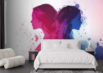 Watercolor Silhouette of Two Women with Pink and Blue Splashes Wall mural