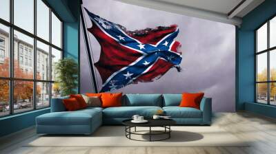 closeup of ripped tear grunge old waving confederate flag of the national states of america us, fabric texture american symbol on cloudy sky, dark mystery style atmosphere Wall mural