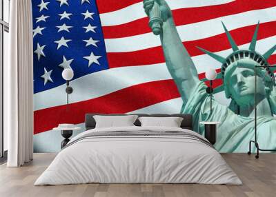 statue of liberty of american usa with waving flag in background, united states of america, stars an Wall mural