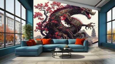 A highly detailed image of powerful dragon showing their full body, the character style will represent japan or Asian. Generative AI Illustration of ancient asian dragon on black background. Wall mural