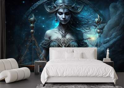 Backdrop of sacred zodiac Libra symbols, astrology, alchemy, magic, sorcery and fortune telling. generative AI digital painting. Zodiac sign Libra on the starry sky close up Wall mural