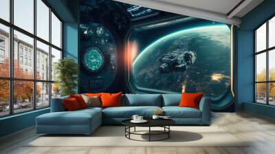 Futuristic navigation system, AR space, floating in the space, flat design, information graphic. Sci-fi space exploration concept. Inside view of the sci-fi cabin of the pilot Generative AI. Wall mural