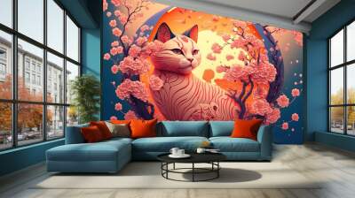 Generative AI abstract design chinese new year cute cats with spring colors, surreal fantasy, peach flower. Happy new year concept 2023. Year of Cat. Lunar new year Wall mural