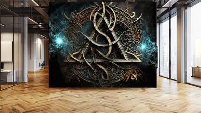 Generative AI arcane symbol with effect of fire and ice. Magic symbol, Asgard symbol. Runes and triangle symbol with gold and metal color. Wall mural