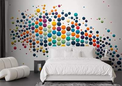 Generative AI data visualization with multiple colorful circles, various sizes, circles are close together, in a time line, varying positions on white background Wall mural