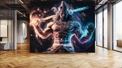 Generative AI Hindu god Shiva, Colorful indian hindu God Shiva hand holding Trident. God Shiva epic pose with trishula, magic in hand for t-shirt print, poster - Hindu religious art. Wall mural