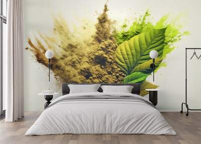 Generative AI powder flavored explosion white background with kratom leafs mockup for matcha tea. Wall mural