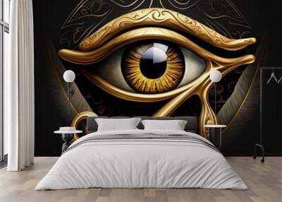 Generative AI the golden eye of horus with golden effect on black background, Representation of the solar eye or the Eye of Ra, symbol of the ancient Egyptian god of the sun Wall mural