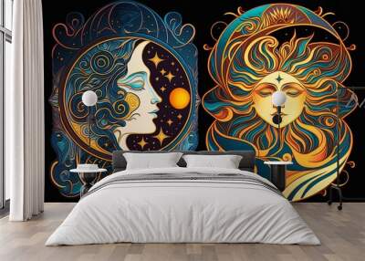 Happy abstract astral shape, moon and sun, art nouveau, expressionism. Mucha and tarot card inspired, strong color. Generative AI Wall mural