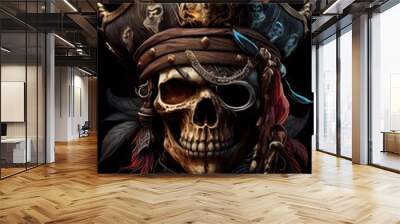 illustration of an old skull pirate on board a ship, a portrait of a captain, a sea wolf, black background, generated AI Wall mural