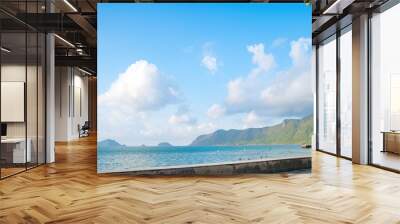 Panoramic coastal Con Dao island view from above, with waves, coastline ,clear sky and road, blue sea and mountain. Wall mural