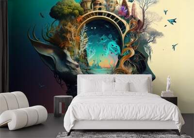 the mind lost deep in thought, thoughts of time and numbers, thoughts of a fantasy land with colorful plants and animals, surreal painting Generation AI Wall mural