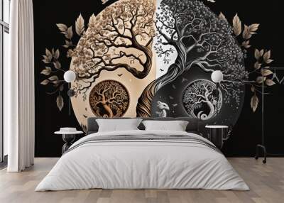 Ying yang concept of balance Yggdrasil tree of life norse mythology. Balance concept. Generative ai Wall mural