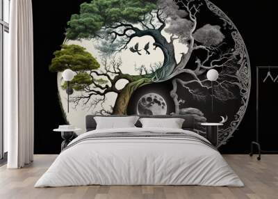 Ying yang concept of balance Yggdrasil tree of life norse mythology. Balance concept. Generative ai Wall mural