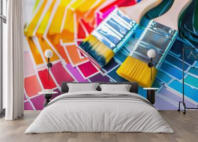 Color palette with brush and roller, paint color sample catalog guide. Wall mural