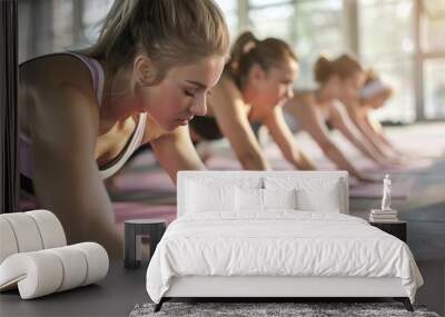 group of young women doing push-ups in the gym, wearing yoga pants and sports bras, side view. Wall mural