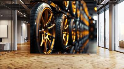 Row of new tires with gold rims, on the shelf of an auto tire shop, with an orange and black color scheme. Wall mural