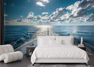 view from the bow of a luxury yacht, sea horizon with blue sky and clouds. Wall mural